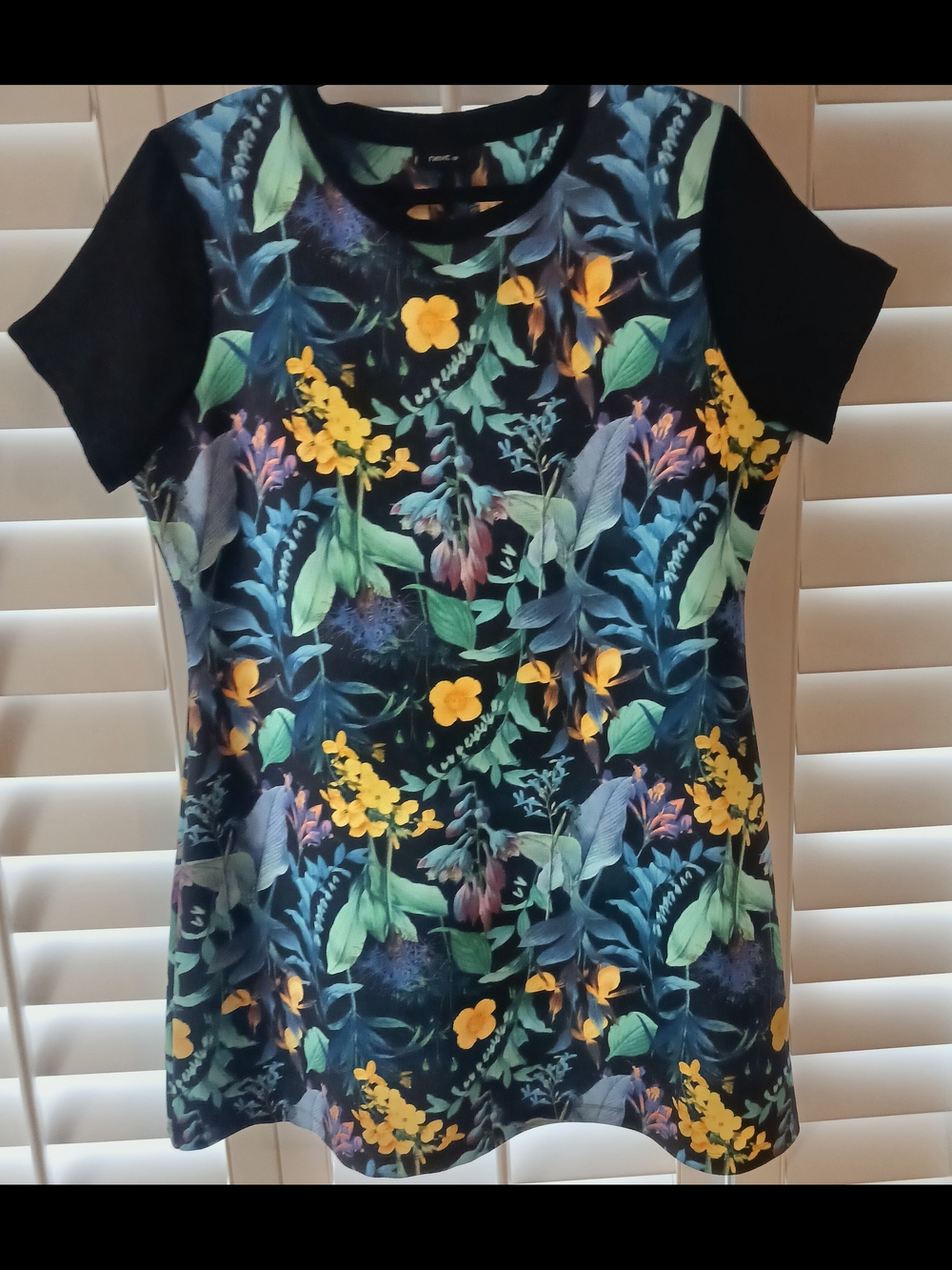 next Black Tee with Yellow Floral and Green Leaf Print, 36" Lenght and 22" Width